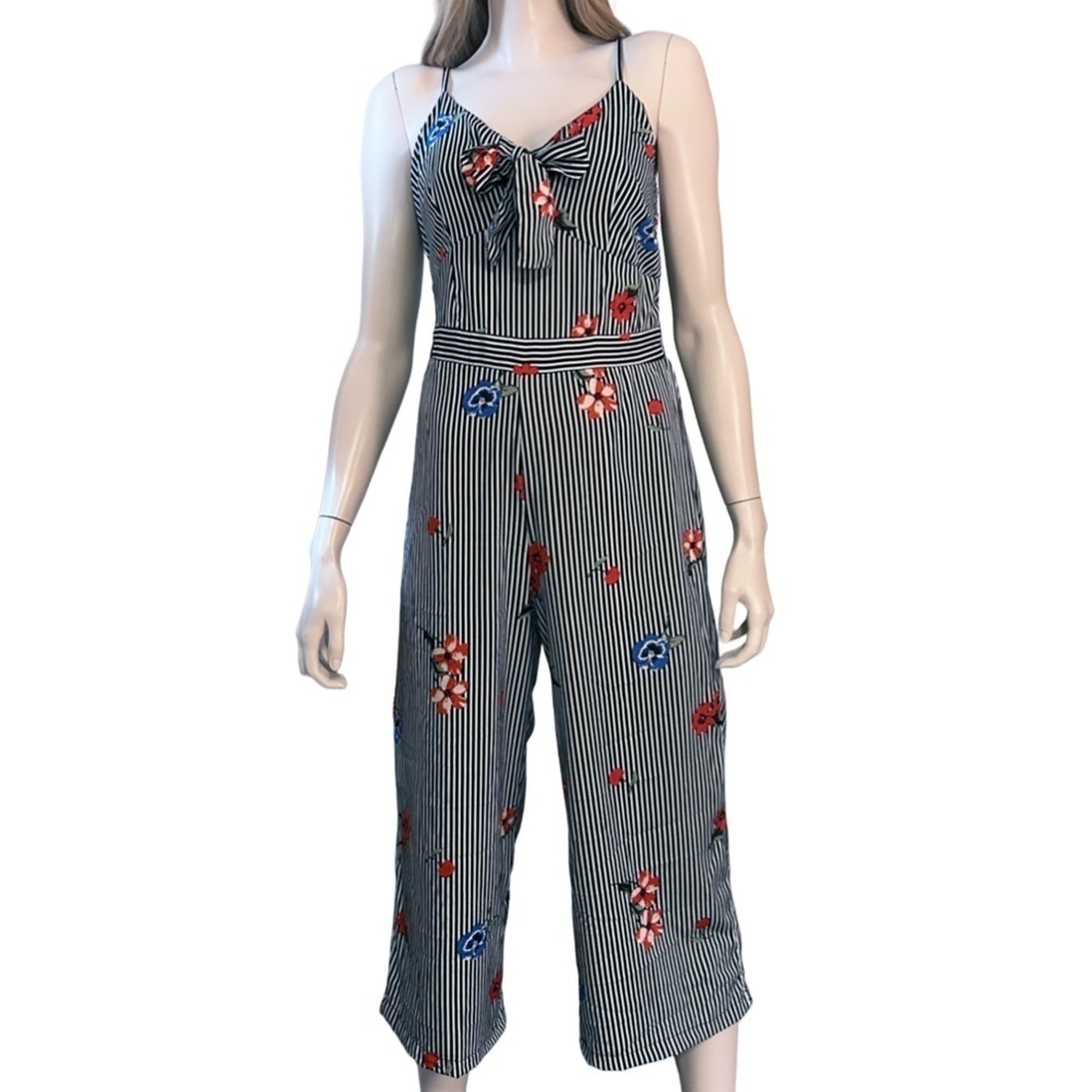 Japna Jumpsuit Romper Pants Floral Stripe Boho Shirred Smocked Tie Front